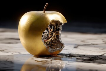 Poster - A conceptual image showing the inside of a golden apple filled with clockwork gears, displayed on a reflective marble surface, representing artificial intelligence.