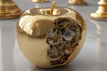 Poster - a conceptual golden apple with visible mechanical gears, a symbol of innovation and the inner workin