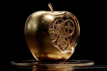 Poster - A golden apple with visible clockwork mechanism on dark reflective surface, representing time and creativity, a symbol of innovation and intricate design with gears.