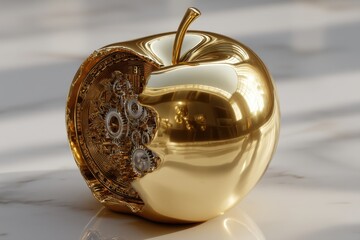 Poster - A conceptual golden apple with internal clockwork gears, symbolic of innovation and technology, set against a smooth, reflective marble surface in a well-lit studio.