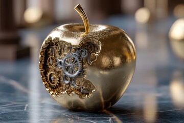 Poster - A gleaming golden apple, intricately revealing complex clockwork mechanisms inside, a blend of nature and technology, art and science, and innovation in design.