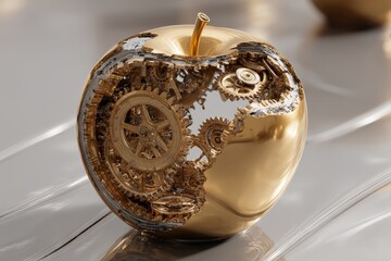Poster - an intricately designed golden apple, revealing a complex interior mechanism of gears and precision,