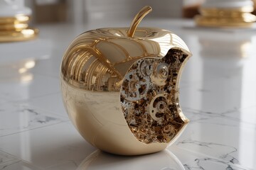 Poster - A conceptual golden apple with mechanical gears inside, symbolizing technology and innovation, resting on a white marble surface with soft background lighting.