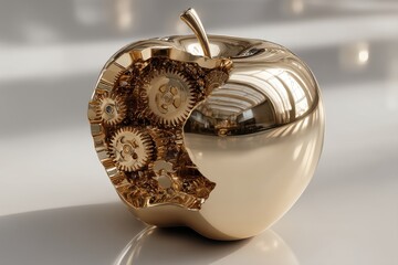 Poster - A conceptual rendering of a golden apple with gears inside, showing the inner workings and mechanics of innovation and technology in business and design.