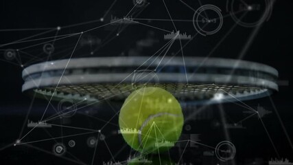 Poster - Tennis racket head being showcased in high-tech HUD scene, showing ball trajectory and stats