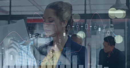 Poster - Image of financial data processing over caucasian businesswoman