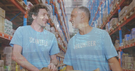 Poster - Image of financial data processing over two diverse warehouse worker