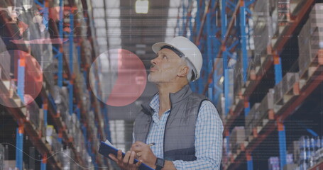 Poster - Image of financial data processing over biracial warehouse worker