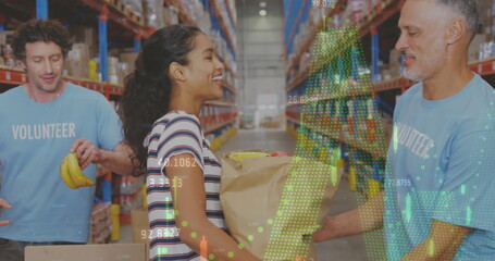 Poster - Image of statistics and financial data processing over diverse volunteers in warehouse
