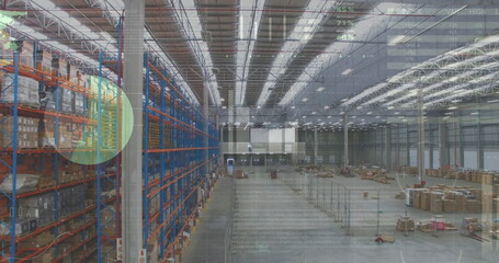 Poster - Composite image of statistical data processing against view of warehouse
