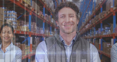Poster - Image of statistics and data processing over diverse people working in warehouse