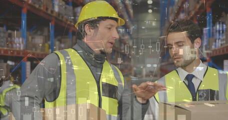 Poster - Statistical data processing against caucasian male supervisor and worker discussing at warehouse