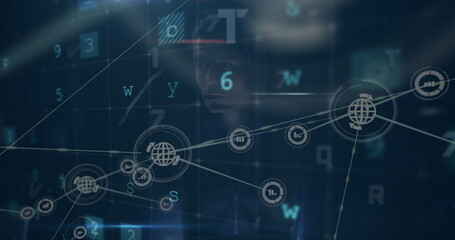 Poster - image of digital interface and network of connections over hacker