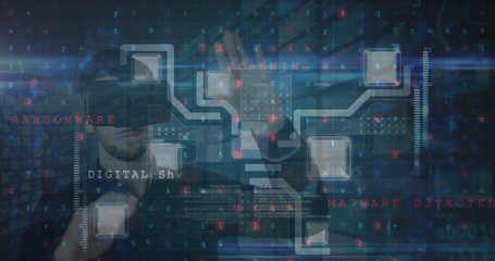 Poster - Cyber security data processing against caucasian man wearing vr headset touching an invisible screen