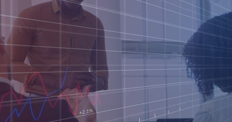 Poster - Image of financial data and graphs over happy diverse businesspeople talking in office