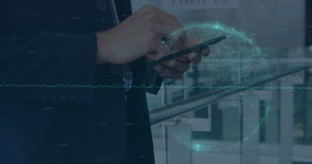 Poster - Image of financial data and globe over hands of caucasian businessman using smartphone