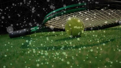 Poster - Tennis racket and ball resting against strings on grass court, nodes floating in 3D render