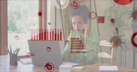Poster - Image of covid 19 cells and statistics over biracial businesswoman using phone and laptop