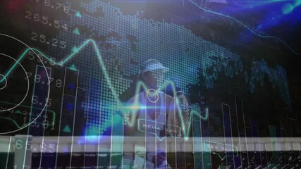 Poster - Woman swinging racket on outdoor tennis court, overlaying global finance line graphs and data