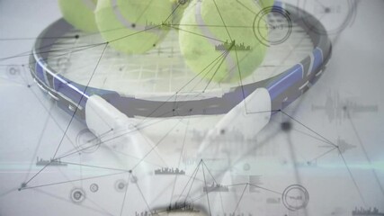 Poster - Flat design tennis racket and balls generating digital network overlay, highlighting tech data