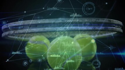 Poster - Tennis racket face hovering above green balls while glowing HUD elements projecting live analytics