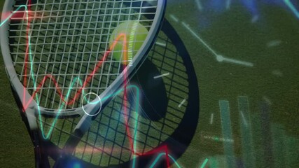 Poster - White racket head catching yellow ball while displaying chart overlays over green grass court