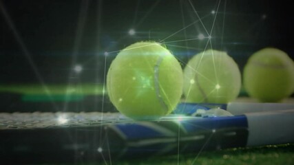 Poster - 3D render animating tennis ball and rackets on turf, showing glowing light network links
