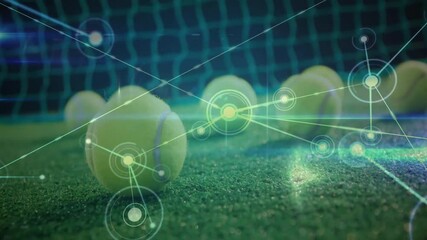 Poster - Tennis balls scattering across green court, digital network lines glowing while linking nodes