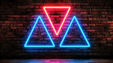 Poster - Neon pink and blue triangles on a dark brick wall background. Glowing light creates a vibrant, modern aesthetic. The image evokes a futuristic or retro vibe.