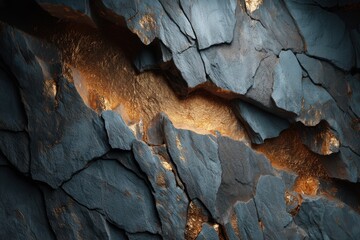 Poster - A striking abstract texture featuring layered gray rock formations with golden veins, creating a dramatic and luxurious geological composition.