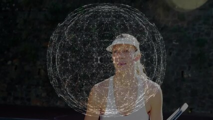 Poster - Woman swinging racket on tennis court, showcasing technology with digital network overlay
