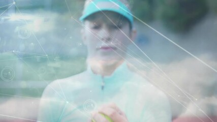 Poster - female athlete on court holding tennis ball near camera, showing tech biometric data, network nodes