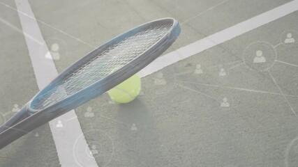 Poster - 3D render featuring blue tennis racket head leaning over neon yellow ball, displaying network icons