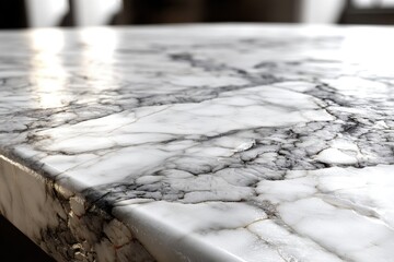 Poster - Close-up shot of a polished carrara marble surface, highlighting its intricate veining and luxurious texture, creating a sophisticated and elegant impression.
