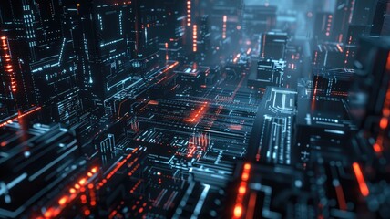 Poster - Abstract futuristic black circuit board with glowing elements. Digital artwork of electric circuit with black color and glowing color.Technology and digital network concept. Motherboard. AIG53.