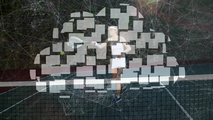 Poster - female tennis player standing behind net on green court, interacting with digital cloud network