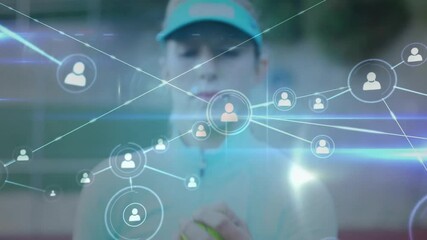 Poster - female tennis player examining tennis ball on court, showcasing sports technology network overlay