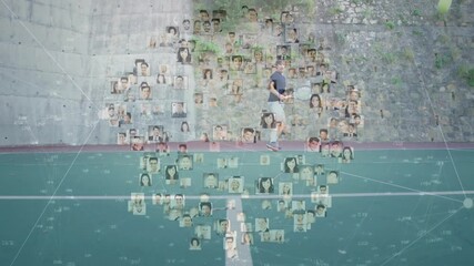 Poster - Male tennis player swinging racket on green court, generating floating thumbnails for sports tech