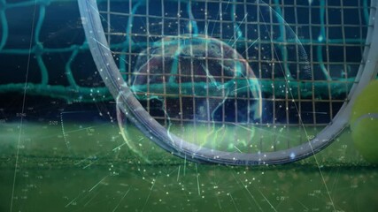 Poster - Tennis racket head contacting yellow tennis ball near net, displaying globe with network lines