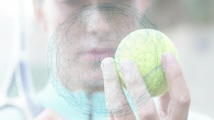 Poster - Female tennis player holding tennis ball close to camera showcasing digital technology overlay