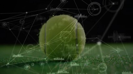 Poster - Bright green tennis ball rolling on green court surface, showing transparent digital network lines