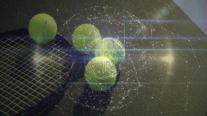 Poster - Three tennis balls glowing under digital network overlay, floating above textured racket strings