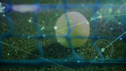 Poster - Digital tennis ball being animated on green court, showing glowing network nodes and circular HUD