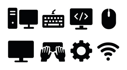 Technology and office solid icons set – silhouette style gadgets, computers, and devices for digital workspaces: monitor, keyboard, mouse, code, wifi, gear, vr, touchscreen.