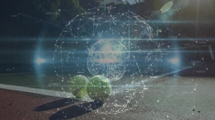 Poster - Tennis balls being visualized on court with holographic sphere of digital nodes and light streaks