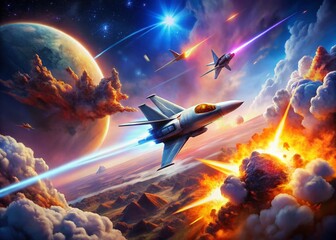 Wall Mural - Futuristic Jet Dogfight: Alien Planet Cosmos Explosion Cloudscape