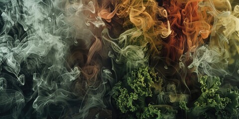 Poster - The close up abstract picture of the green and orange smoke colour that is mixing with each other, mixing colors involves combining different hues of the colour to create new shades or tones. AIG51.