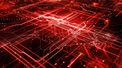 Poster - Abstract red circuit board pattern with glowing lights on dark background. The red hues and light effects add a dynamic and modern touch. Digital technology innovation theme. Electric circuit. AIG53.
