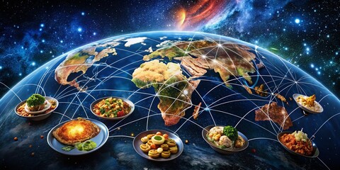 global food network: interconnected cities, starry night background