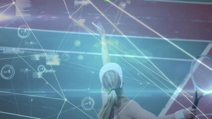 Poster - female tennis player raising arm on court, overlaying holographic sports analytics charts and nodes